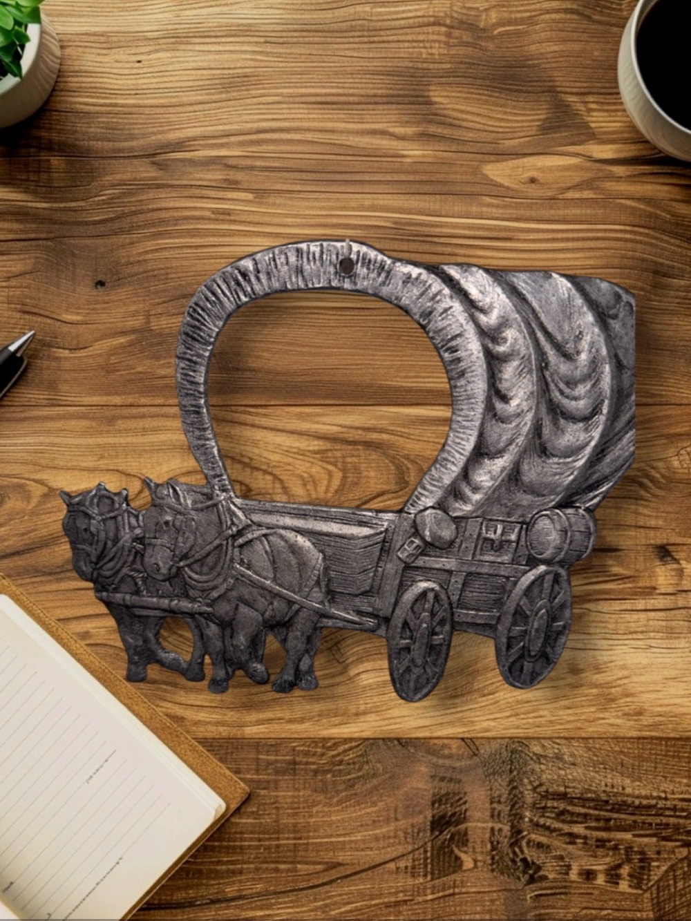 Vintage Decorative Covered Wagon Wall Plaque Hanging - Silver. Length: 9 inches